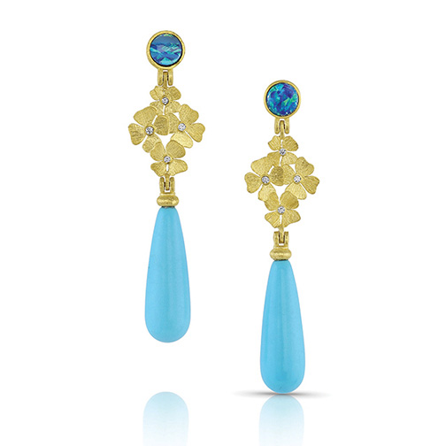 Gold and blue precious stone tear drop earrings by Alishan