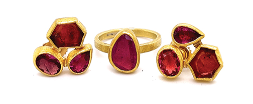 Gold and red precious stones earring and ring set by Petra Class