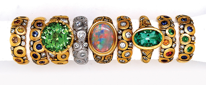 Multiple rings in silver gold and precious stones by Alex Sepkus