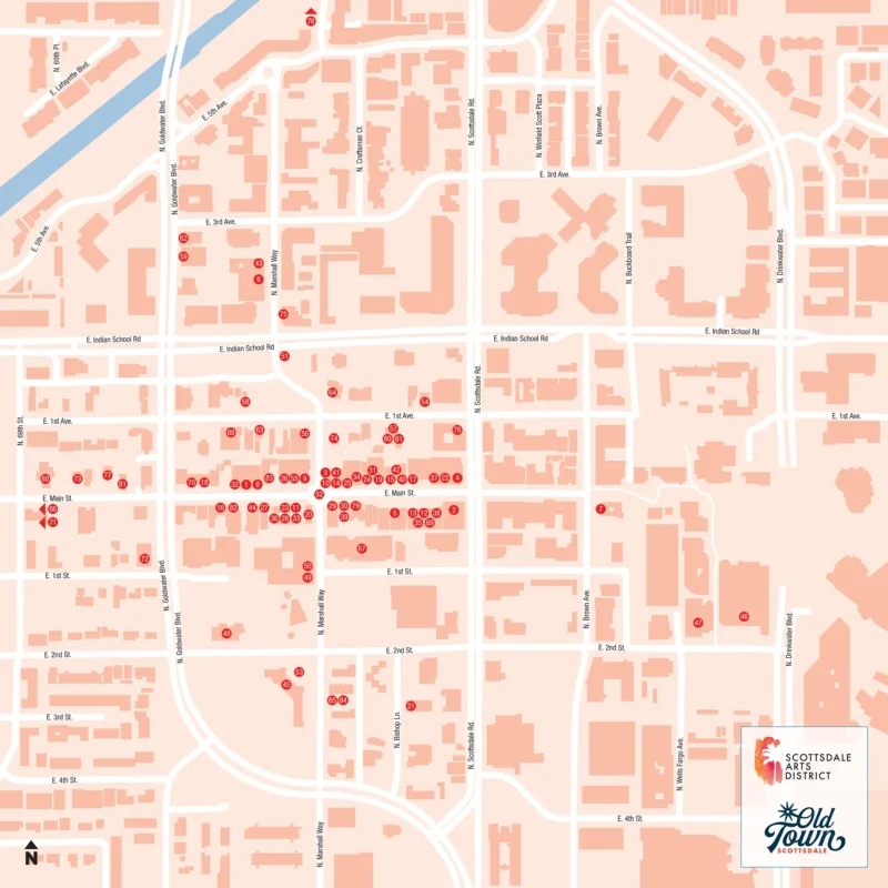 2024 Map of the Scottsdale Arts District showing locations for the business listed on the page.