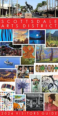 Scottsdale Arts District visitors guide for 2024 showing a mosaic layout of various artwork from jewelry to paintings to Hopi kachina dolls.