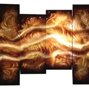 Abstract multi panel wall art with metallic copper colored flowing lines against a black field.