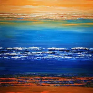 Abstract of banded warm and cool colors reminiscent of sunset skies and water.