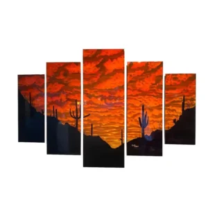Multi panel painting of brilliant desert sunset with silhouetted cactus and land in foreground.