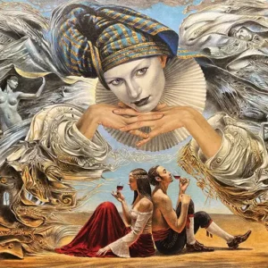Surrealist representational painting of a man and woman seated back to back as a disembodied ruffed and turbaned head with a swirling array of figures and other images flowing from them by Michael Cheval. Title - Guardian Angel.