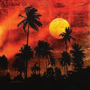 Abstract wall art of crackled panels showing a deep variegated red background with a deep sun and silhouetted black palm trees in the foreground by Patrick Guyton titled, Sunset Palms."
