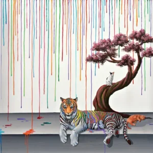 Surreal style painting of a reclining tiger in front of a sculpted tree with 2 domestic cats. The background displays fine lines of colored paint dripping from above onto the ground and the tiger, coloring its stripes. The artwork is titled, Spirit Animal.