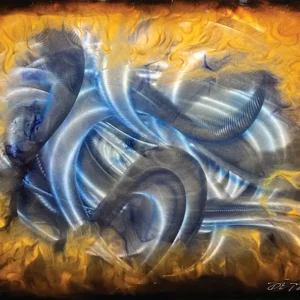 Abstract metallic wall art of blue gray undulations surrounded by deep orange and yellow flame-like elements over a black ground.