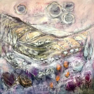 Abstract landscape in soft hues of purples, olive greens and tans with expressive soft black lines delineating trees and hills by Carolyn Zbavitel.