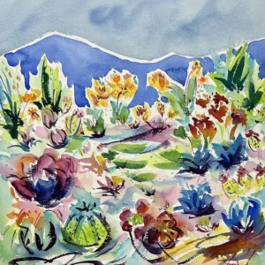 Abstract watercolor of a landscape with brightly colored desert plants by Carolyn Zbavitel.