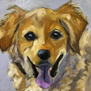 Abstract painting of a happy looking blond dog with floppy ears and a purple tongue by Carolyn Zbavitel.