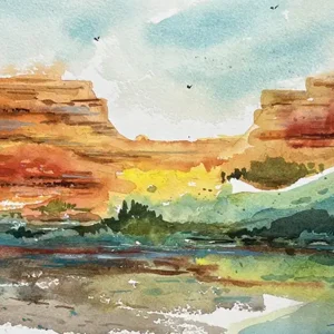 Abstract watercolor painting of the red rock mesas in Sedona by Carolyn Zbavitel