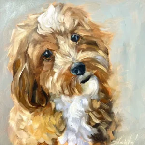 Abstract painting of a caramel and white colored sweet but pensive looking Shih Tzu by Carolyn Zbavitel.