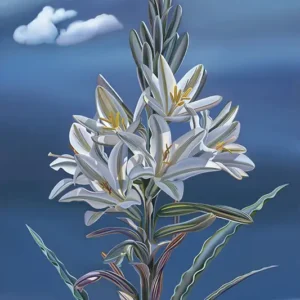 Hyper realistic but stylized painting of a blooming lily against a blue sky and desert landscape.