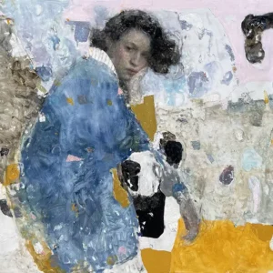 Impressionistic and abstract painting of a pensive young woman looking into the distance with her chin on her hand.