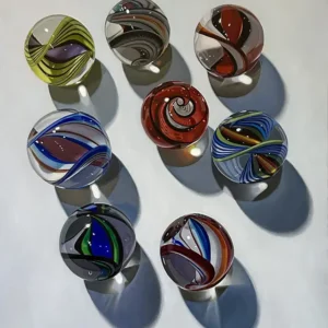 Trompe L'oeil painting of large marbles arranged in a circle on a neutral background.
