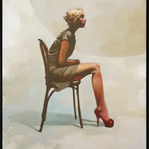 Highly realistic painting of a young woman in profile with blond hair wearing an olive green dress and red high heels seated in a wicker chair.