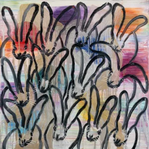 Abstract line art bunnies over a neutral ground with blotches of color.
