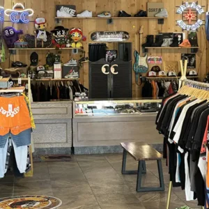 Interior of Change Clothes vintage clothing store.