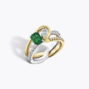Cornelis Hollander custom ring with diamonds, emerald and white and yellow gold.