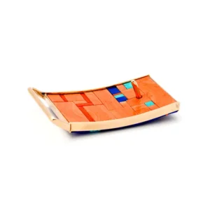Charles Loloma buckle in gold and mosaic inlaid coral, lapis and turquouise seen from the back.