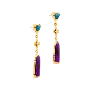 Gold dangle earrings in turquoise and Sugilite by Don Supplee.
