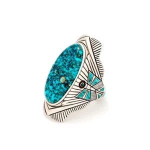 Carved sterling silver and Lone Mountain Turquoise ring by Raymond Yazzie.