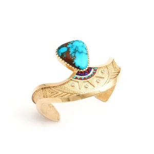 Gold sand cast cuff bracelet with turquoise and inlay by Ric Charlie.