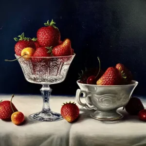 Trompe L'oeil still life of strawberries in crystal containers.