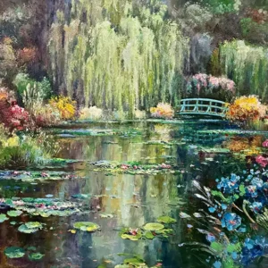 Monet-style Impressionistic landscape of water and lush gardens.