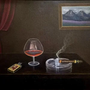 Trompe l'oeil still life of still lit cigar in a glass tray next to a sifter with liquere and a small painting on the wall in the background.