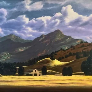 California style early 20th C landscape of a small farmhouse in the distance with gentle mountains in the distance.