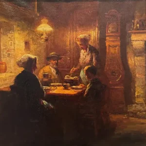 Post-Impressionistic style genre scene of 19th C Northern European peasants at a supper table.