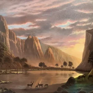 19th C style grand landscape of Yosemite at dawn with peaks and a lake with deer in the foreground.
